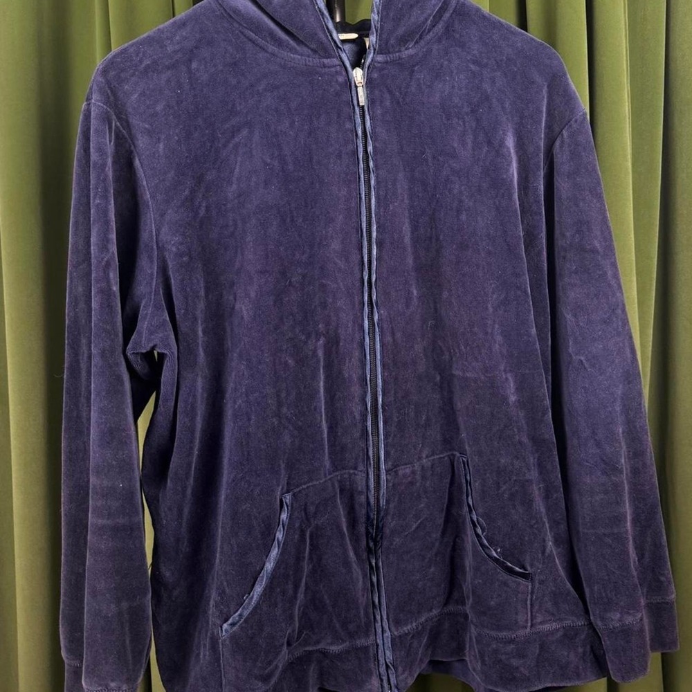St Johns Bay Woman Navy Velvet Zip Up Hoodie Loungewear Sweatshirt 1X